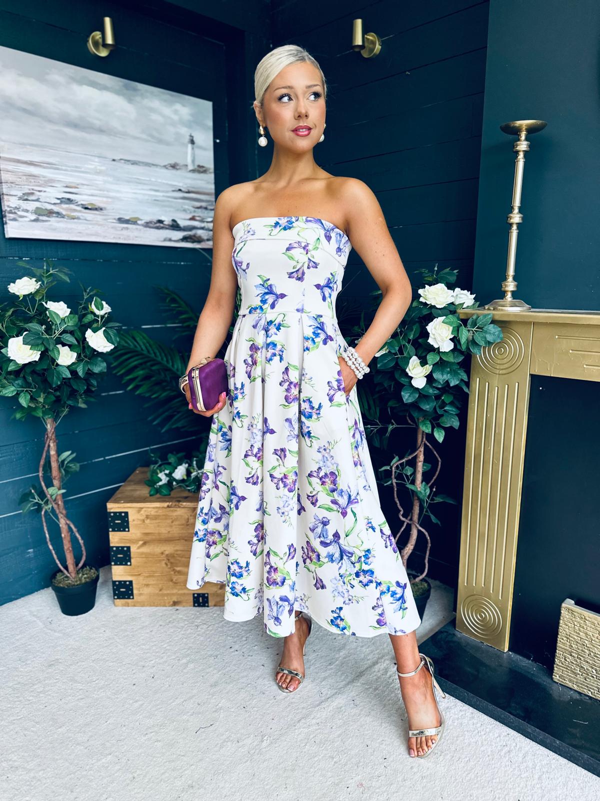 Danni Strapless Bandeau Midi Dress Yellow Floral