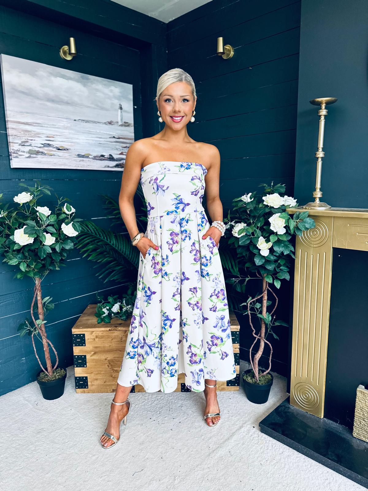 Danni Strapless Bandeau Midi Dress Yellow Floral