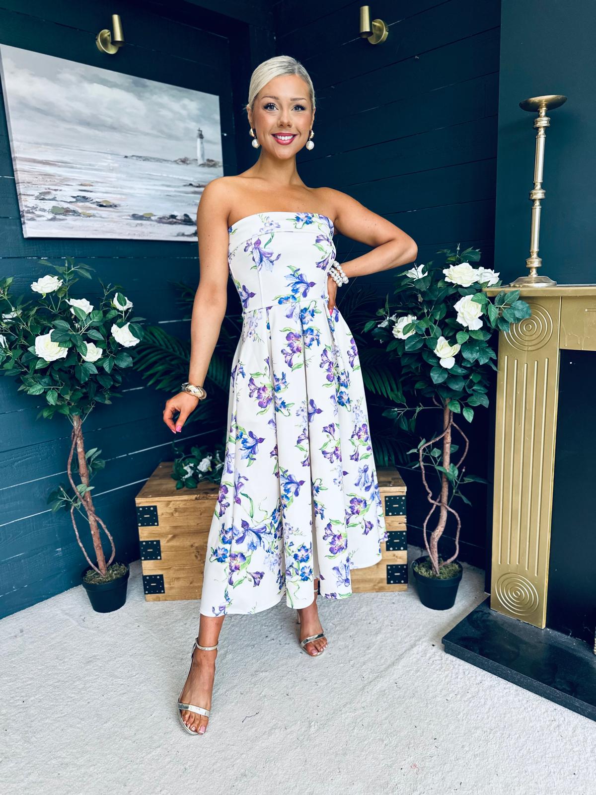 Danni Strapless Bandeau Midi Dress Yellow Floral