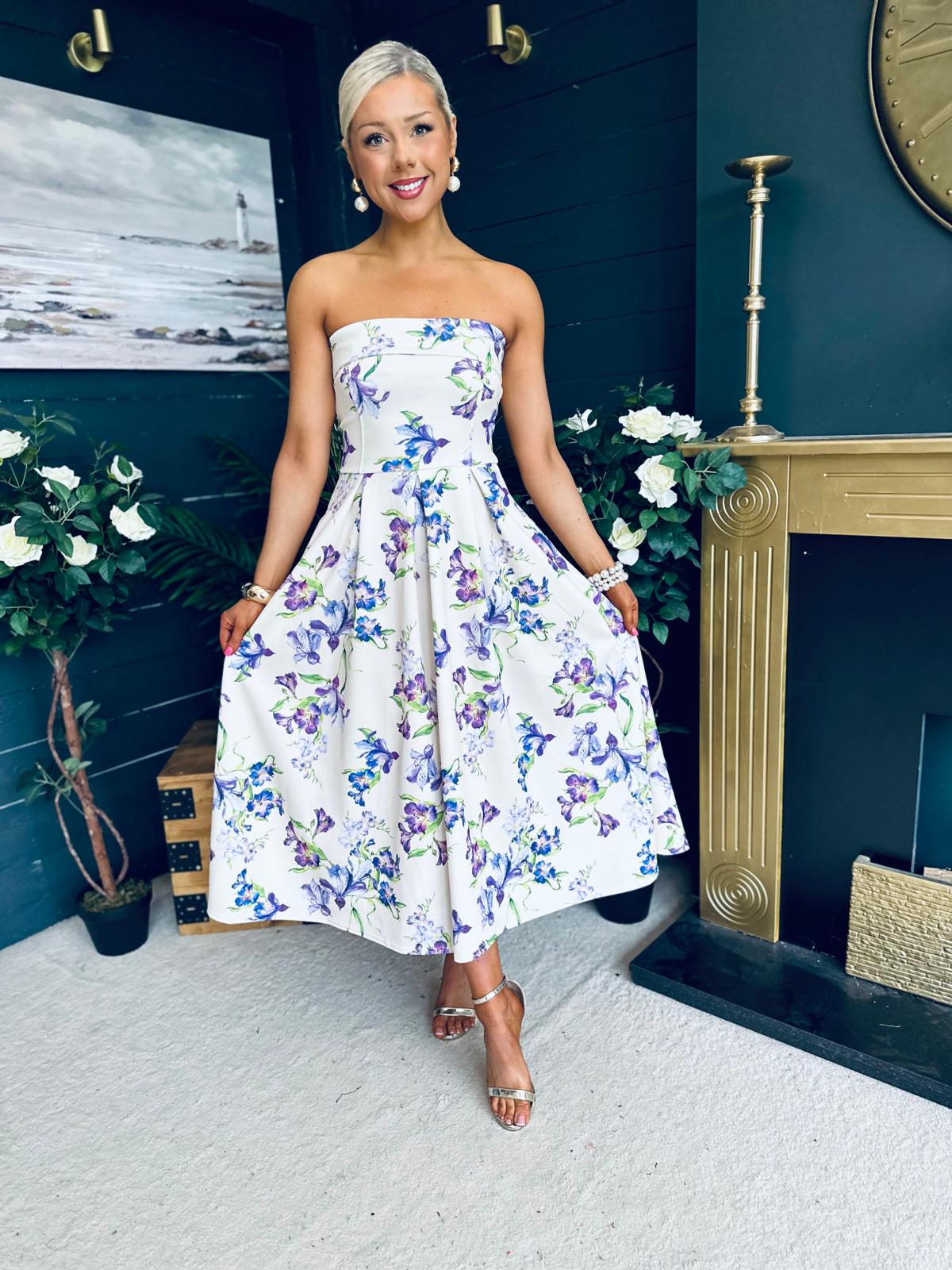 Danni Strapless Bandeau Midi Dress Yellow Floral