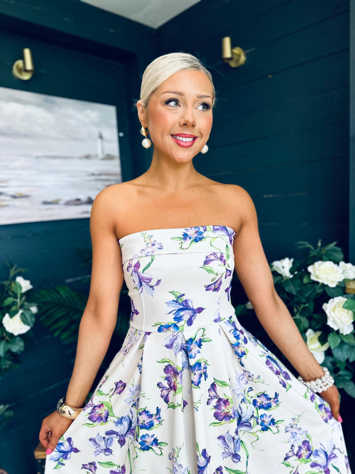 Danni Strapless Bandeau Midi Dress Yellow Floral