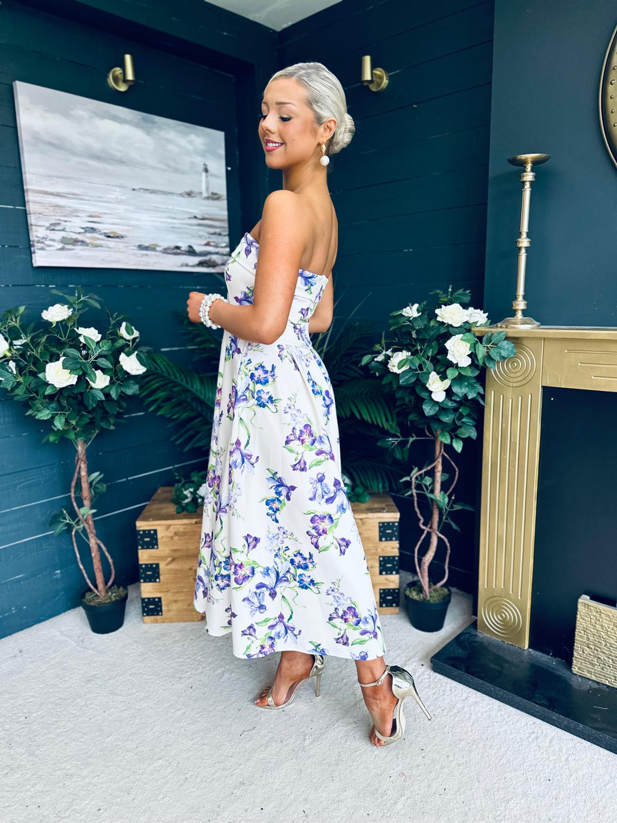 Danni Strapless Bandeau Midi Dress Yellow Floral