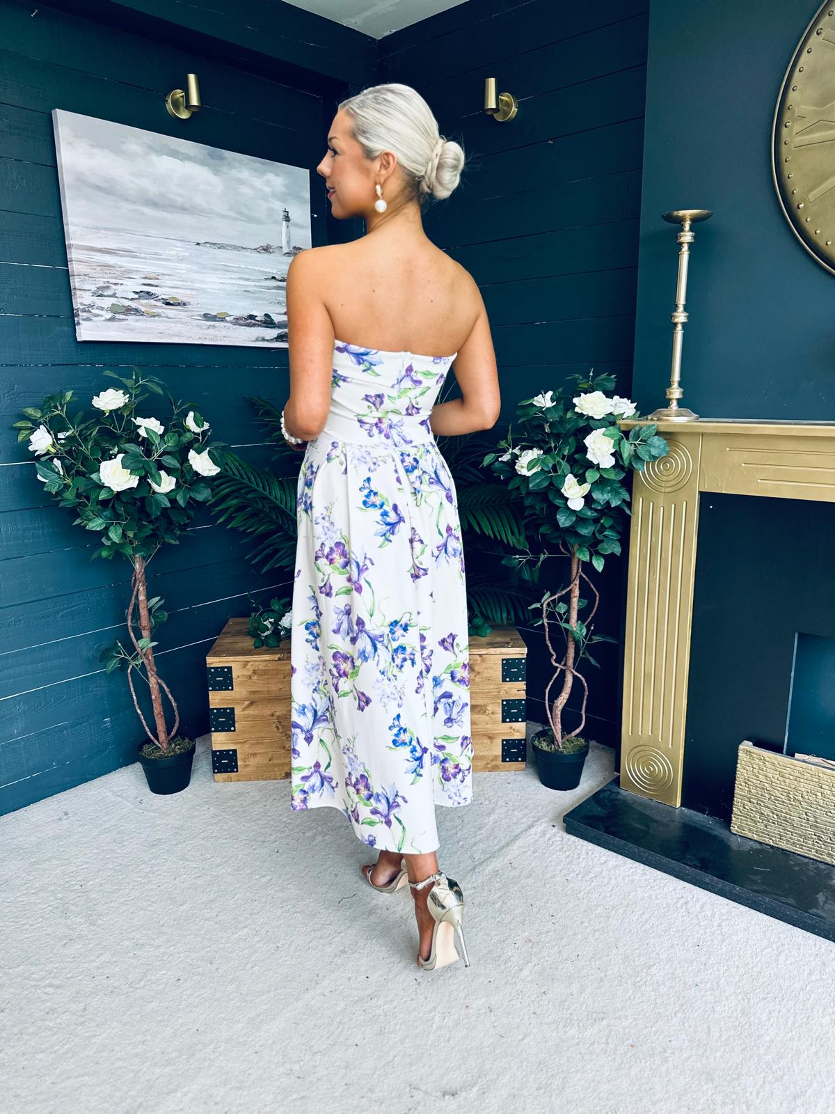 Danni Strapless Bandeau Midi Dress Yellow Floral