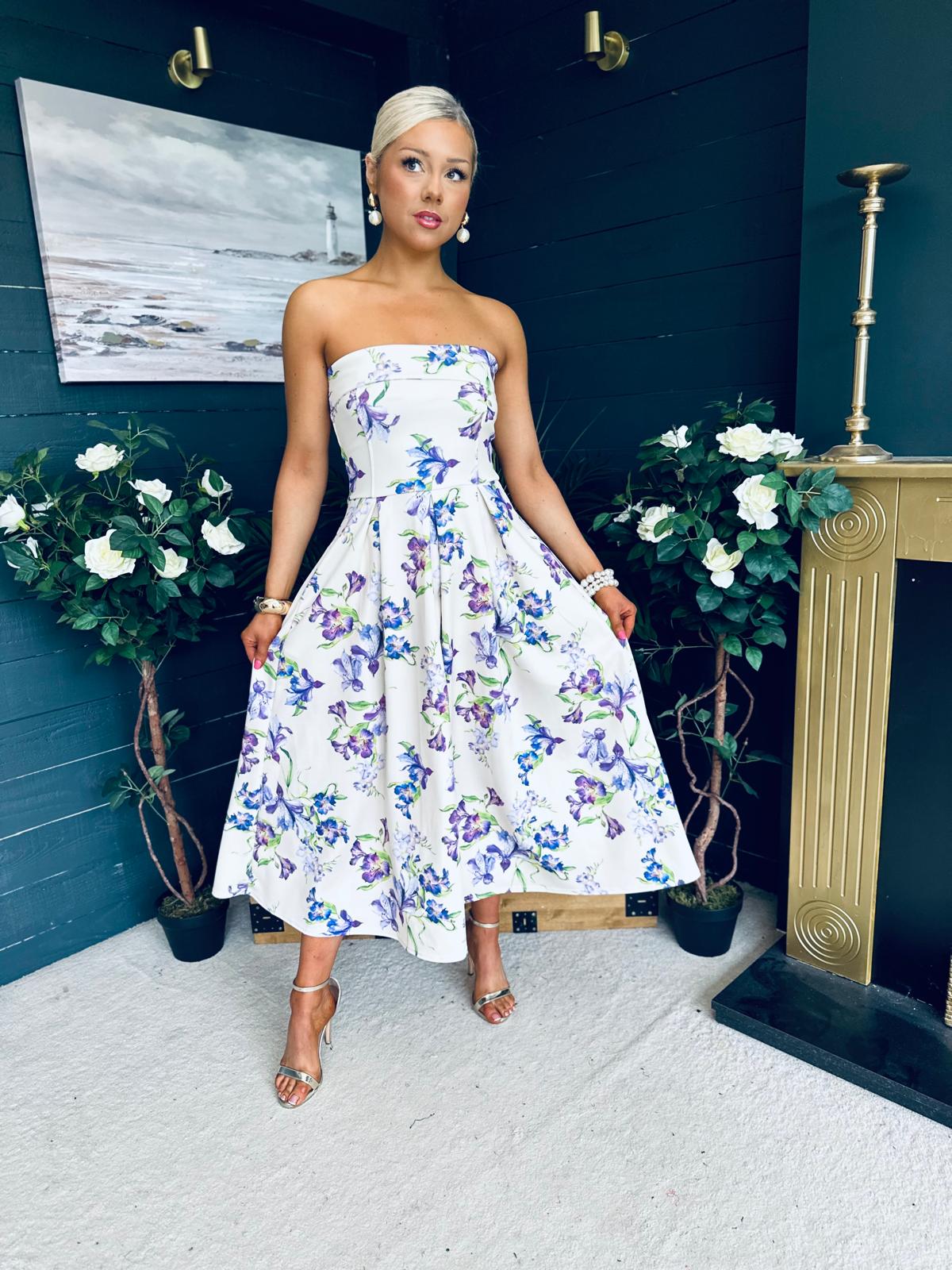 Danni Strapless Bandeau Midi Dress Yellow Floral