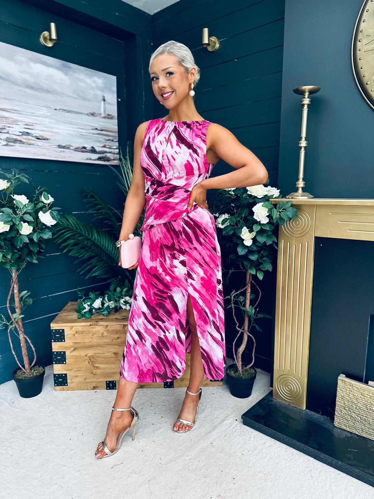 Bay Boat Neck Keyhole Detail Midi Dress Burnout Pink