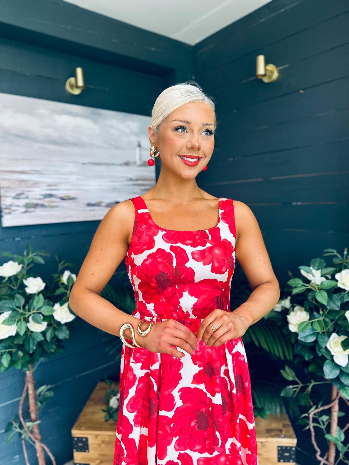 Alice Square Neck Midi Dress Red