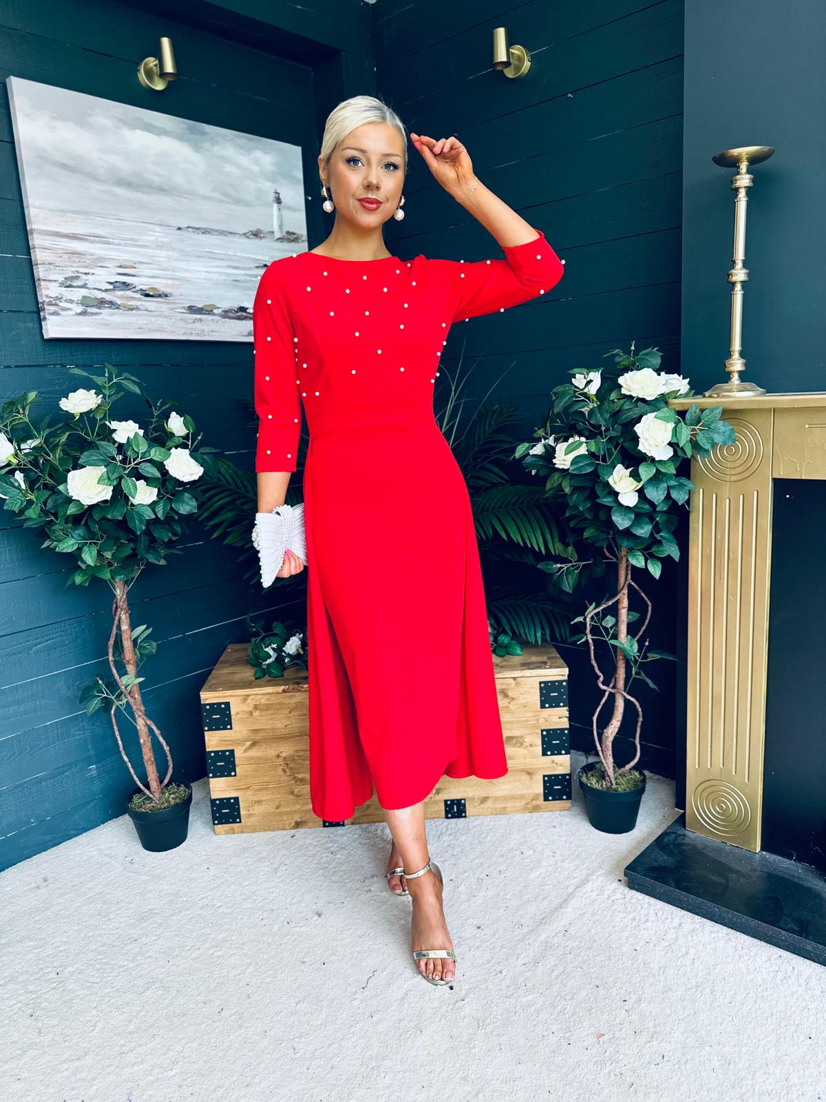 Catherine Pearl Embellished Occasion Dress Red