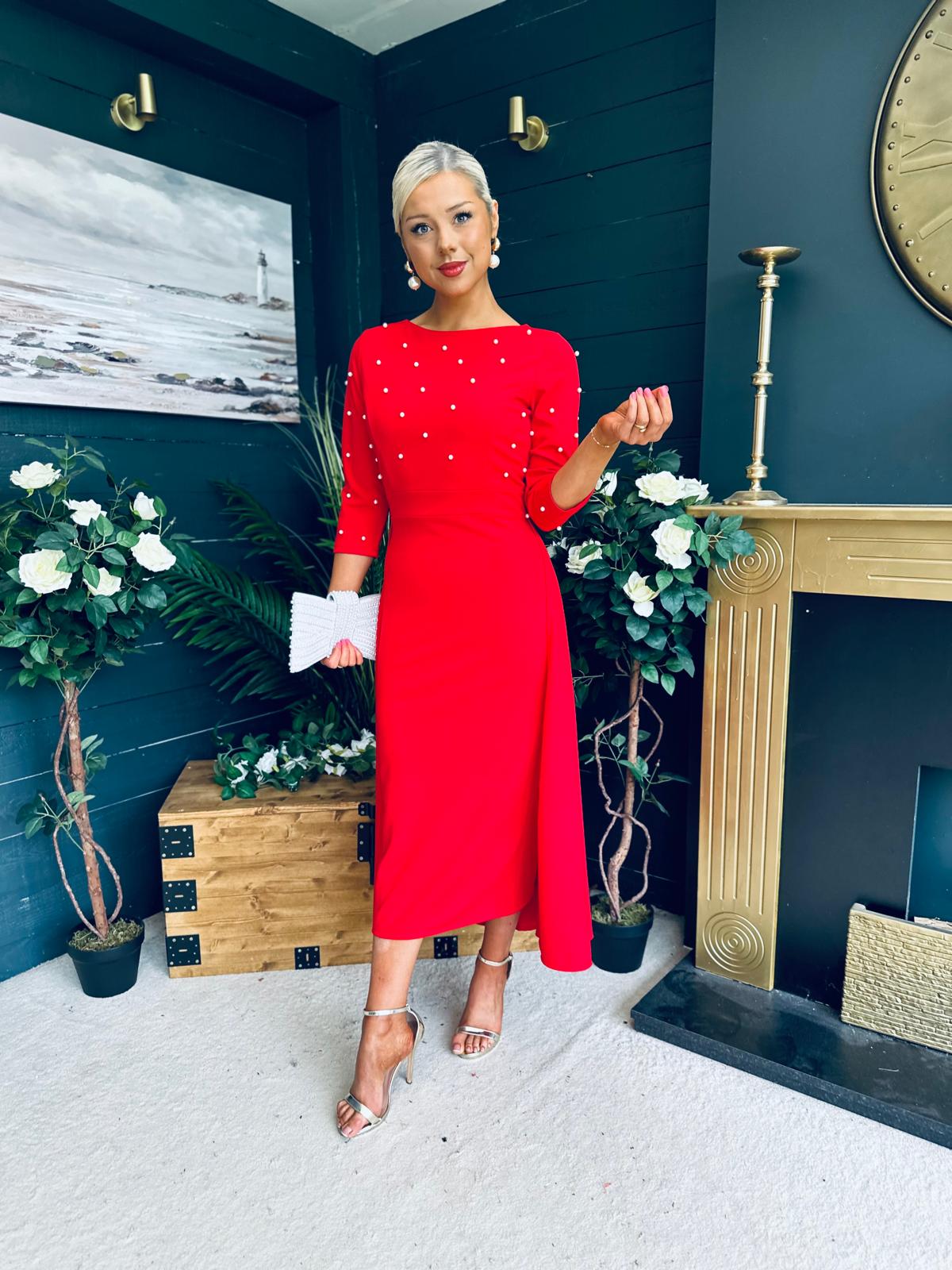 Catherine Pearl Embellished Occasion Dress Red