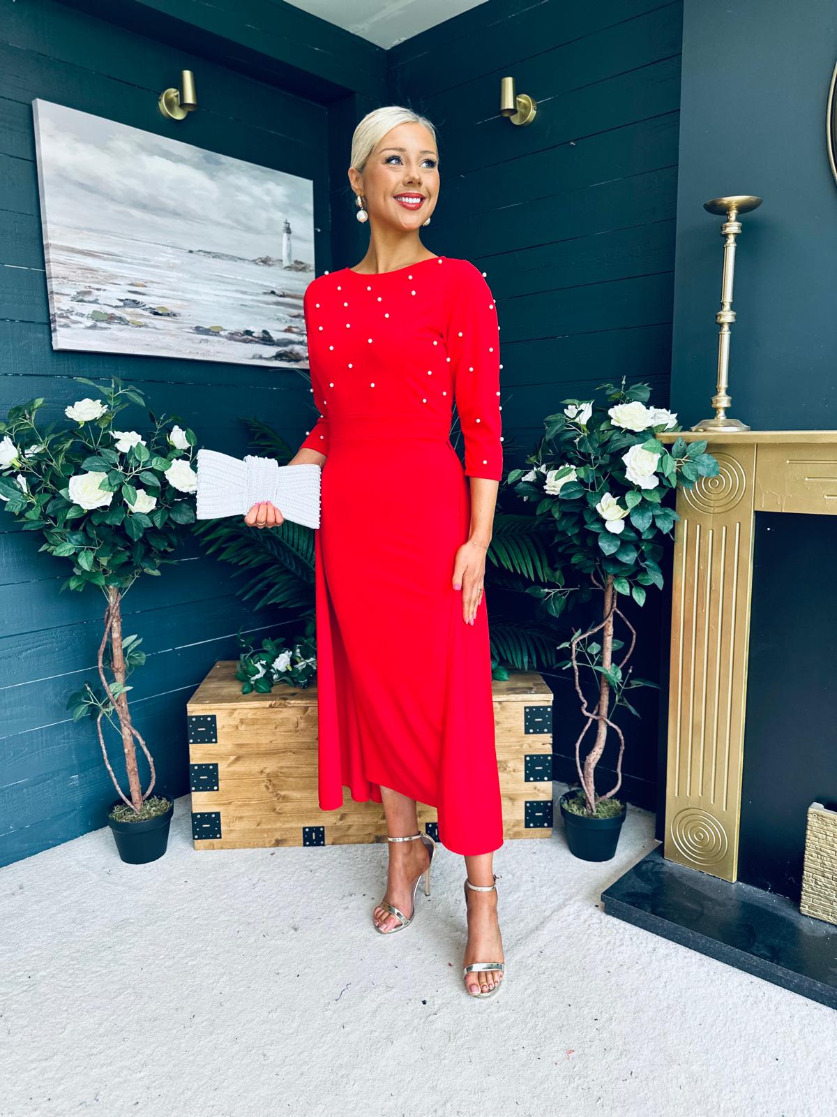 Catherine Pearl Embellished Occasion Dress Red