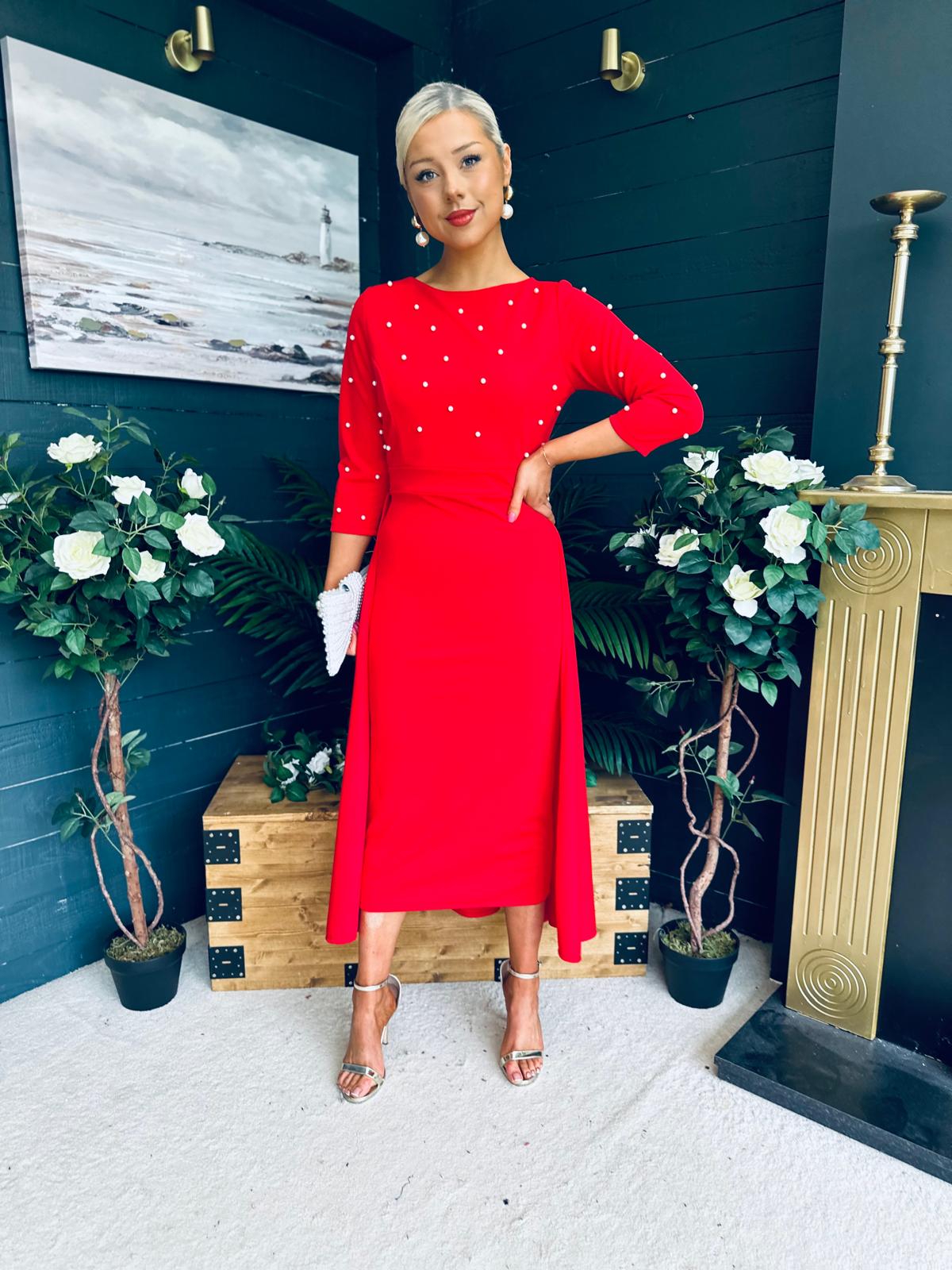 Catherine Pearl Embellished Occasion Dress Red