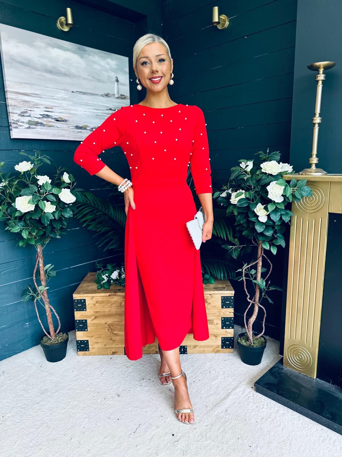 Catherine Pearl Embellished Occasion Dress Red