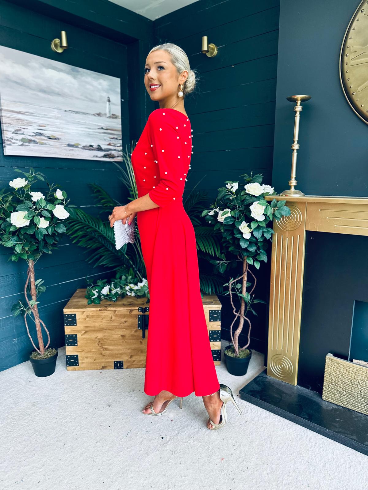 Catherine Pearl Embellished Occasion Dress Red