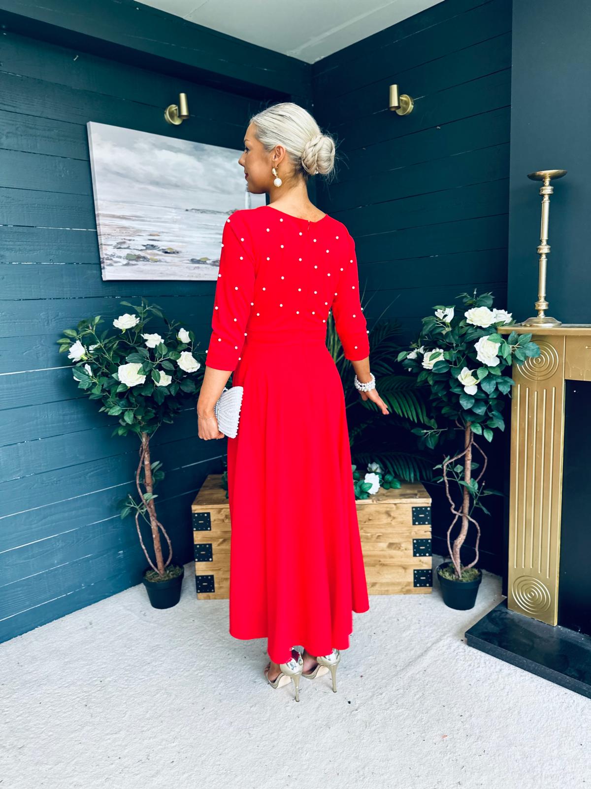 Catherine Pearl Embellished Occasion Dress Red