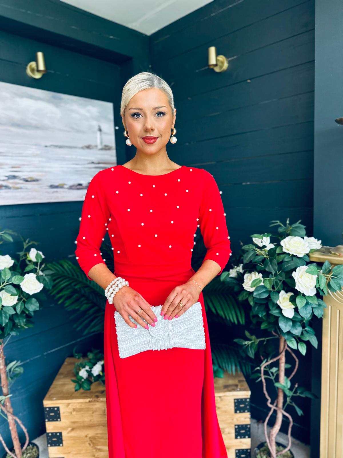 Catherine Pearl Embellished Occasion Dress Red