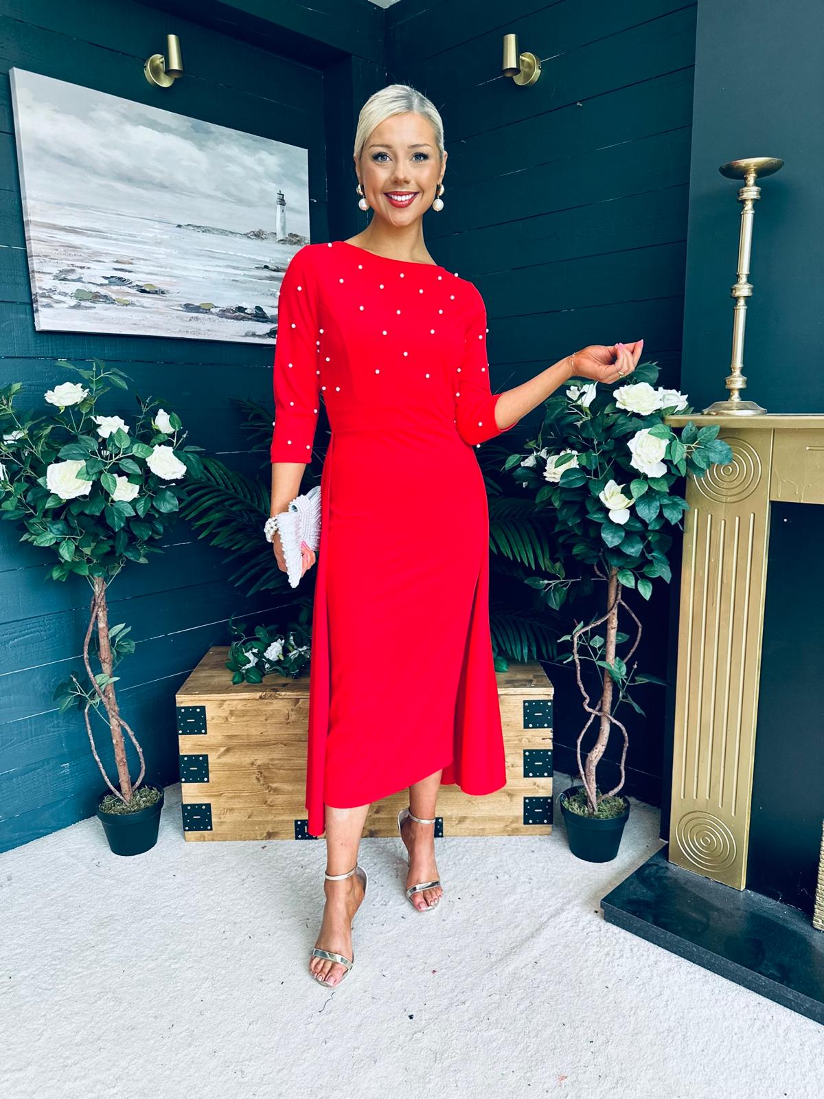 Catherine Pearl Embellished Occasion Dress Red