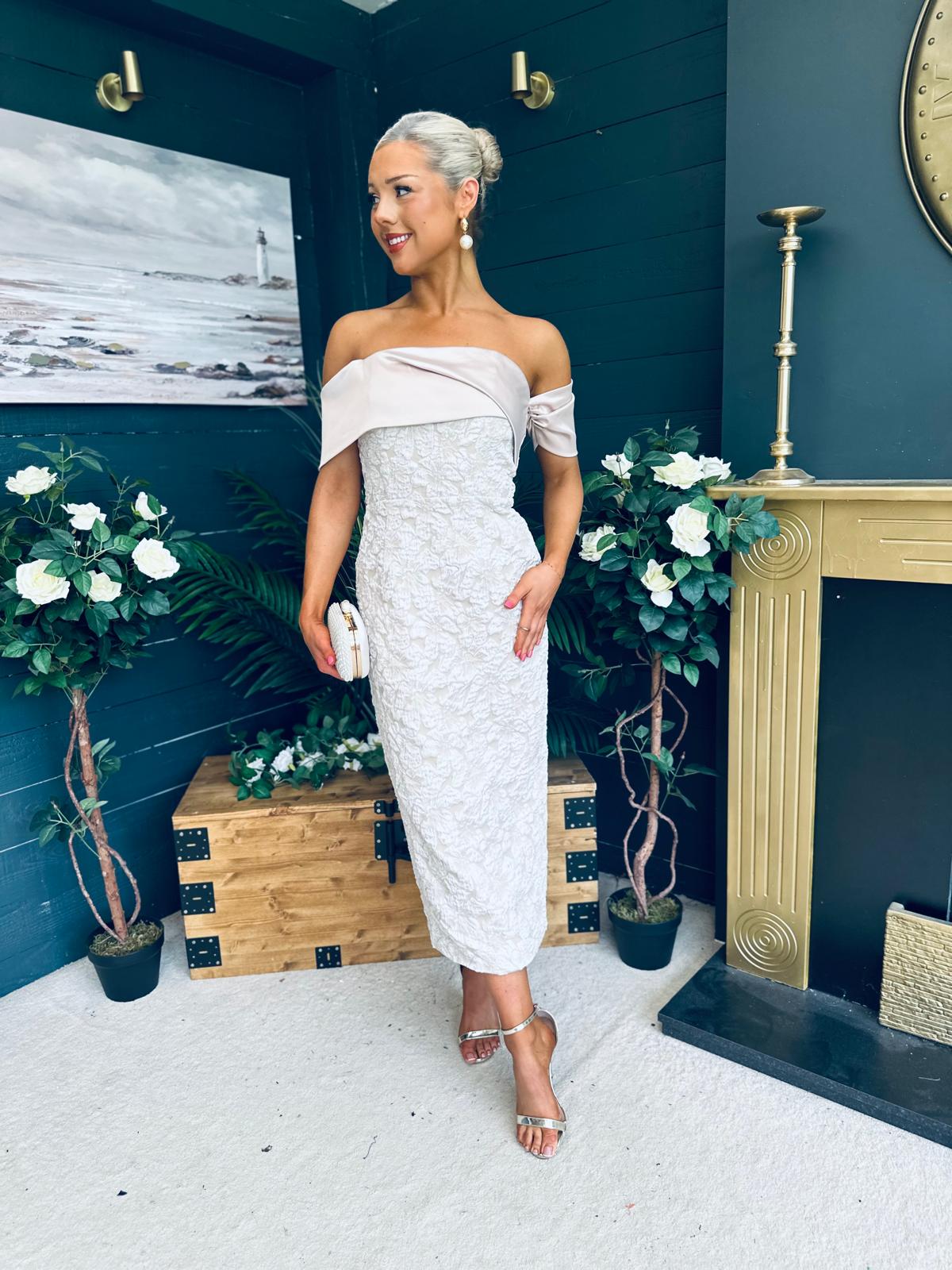 Miah Bardot Occasion Dress Beige