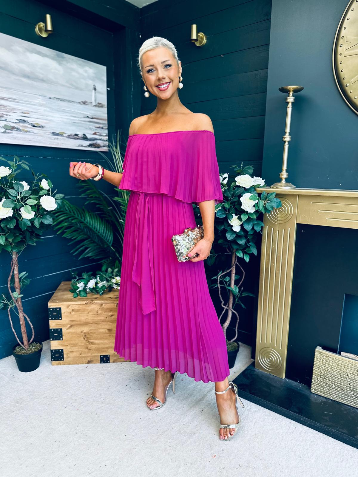 Fiadh Bardot Detail Occasion Dress Berry