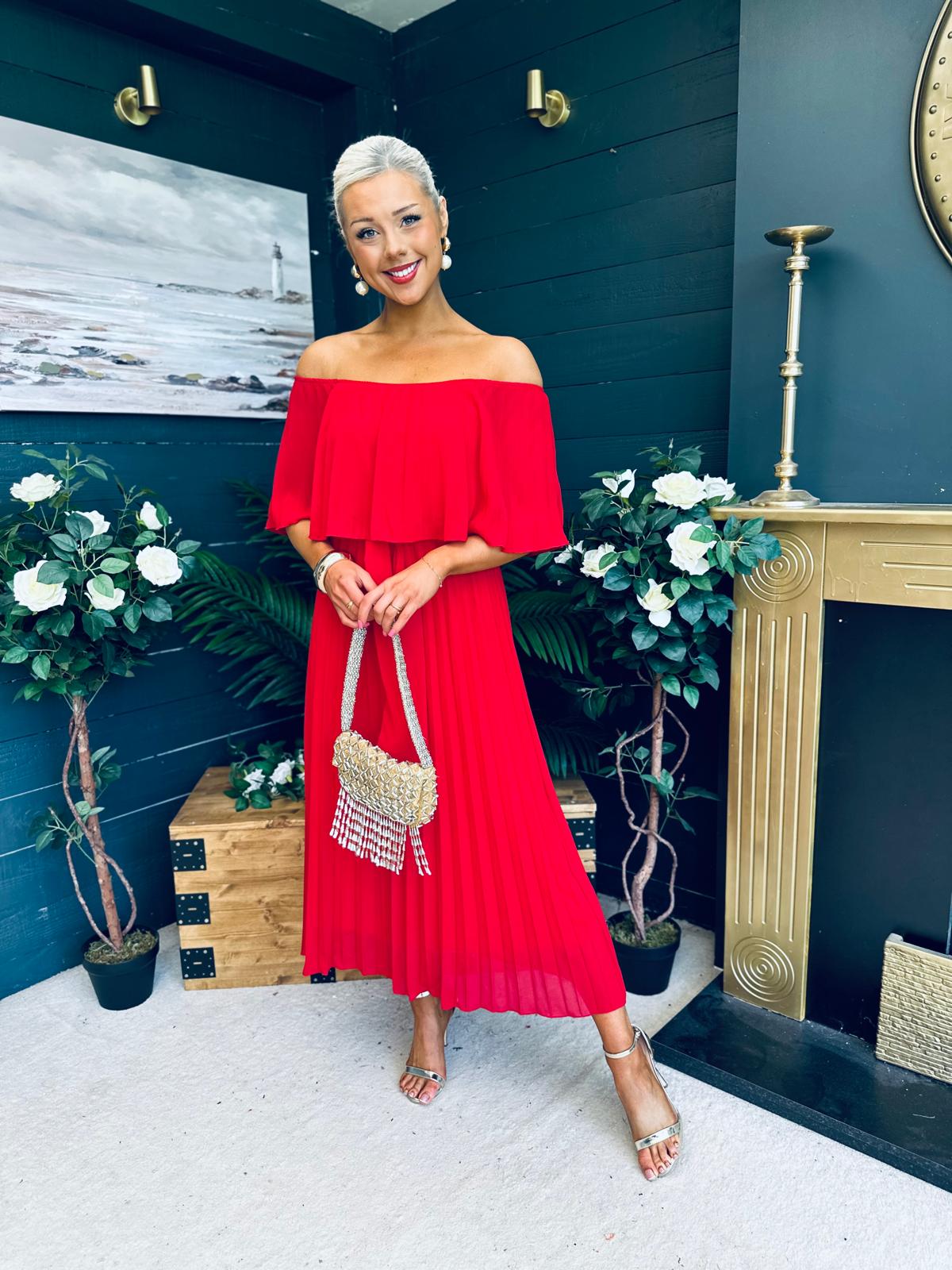 Fiadh Bardot Detail Occasion Dress Rouge
