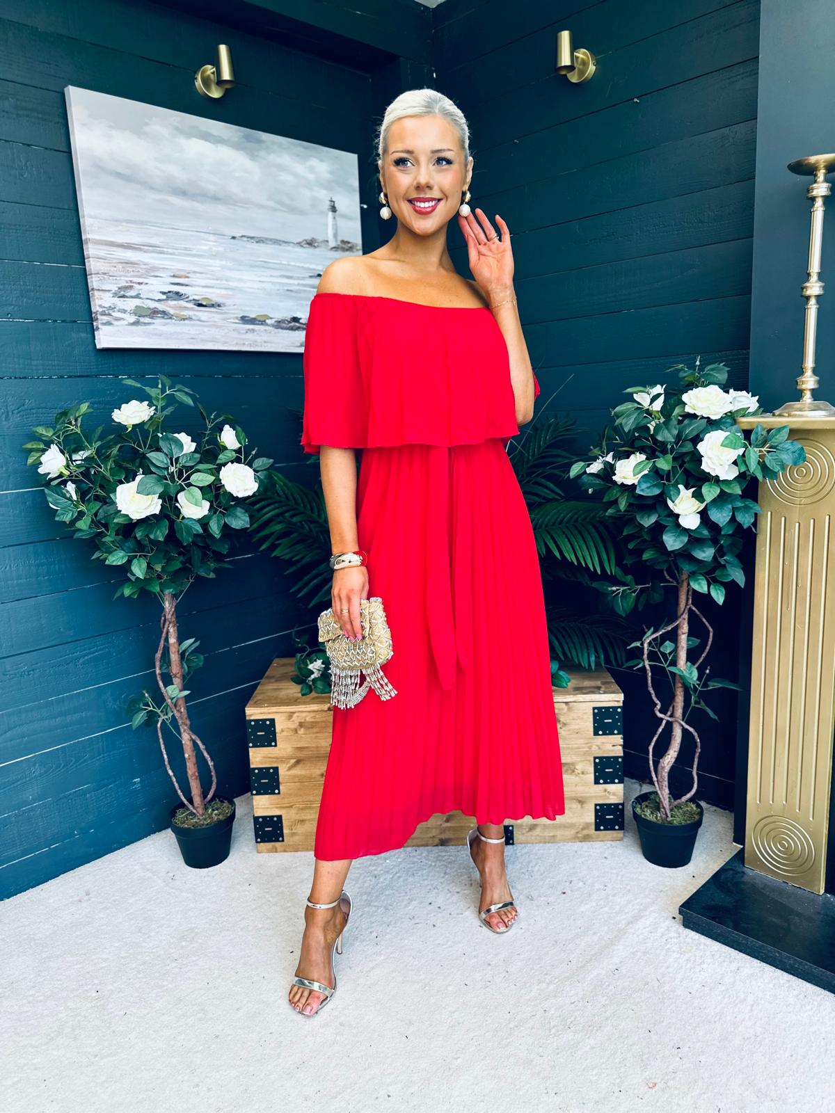 Fiadh Bardot Detail Occasion Dress Rouge