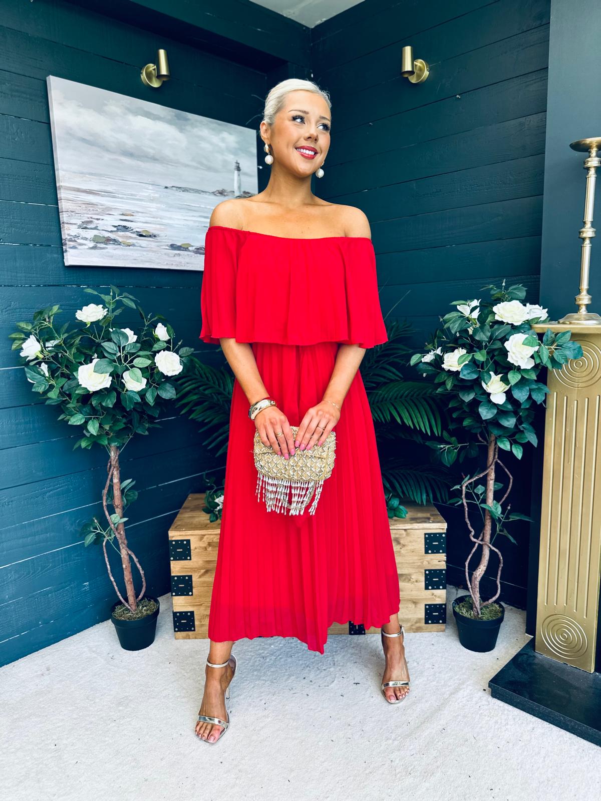 Fiadh Bardot Detail Occasion Dress Rouge
