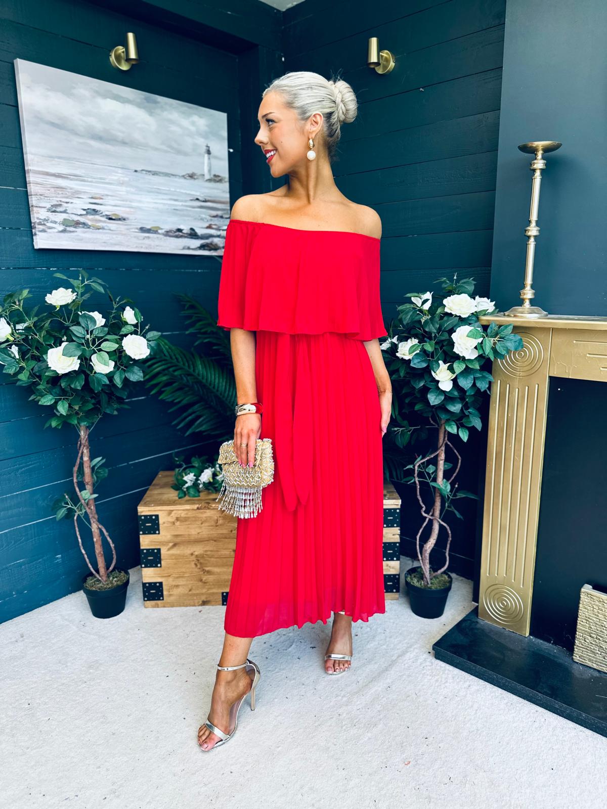 Fiadh Bardot Detail Occasion Dress Rouge