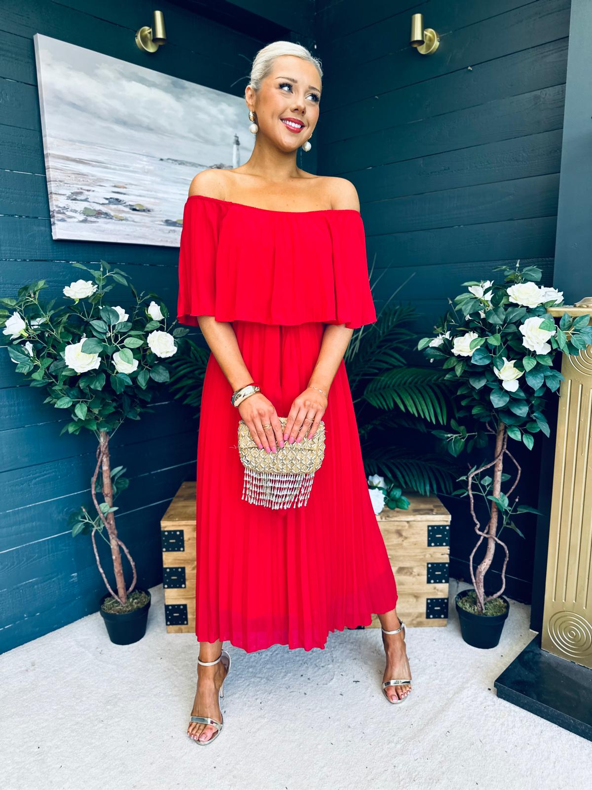 Fiadh Bardot Detail Occasion Dress Rouge