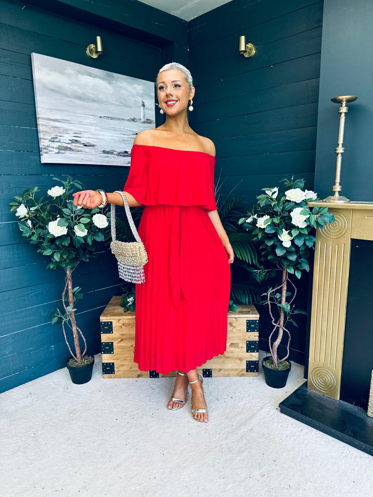 Fiadh Bardot Detail Occasion Dress Rouge