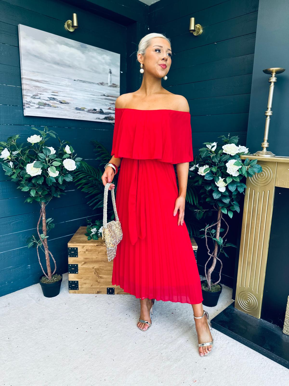 Fiadh Bardot Detail Occasion Dress Rouge