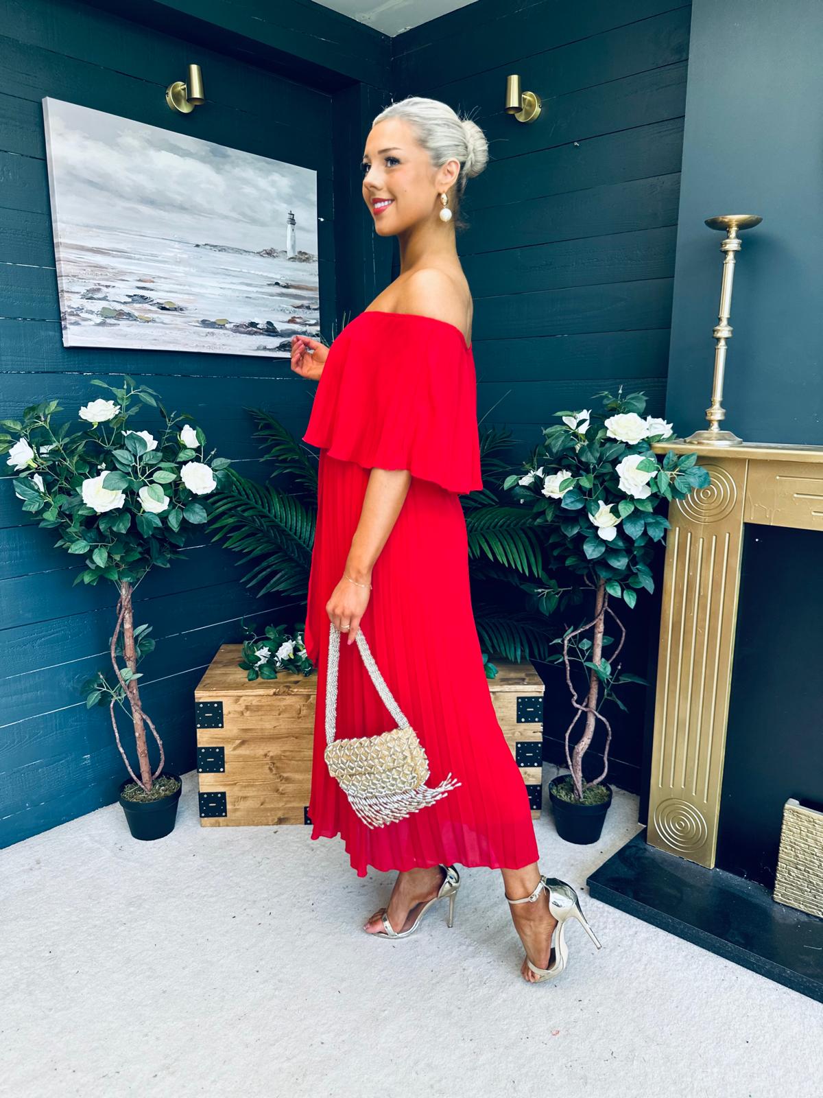 Fiadh Bardot Detail Occasion Dress Rouge