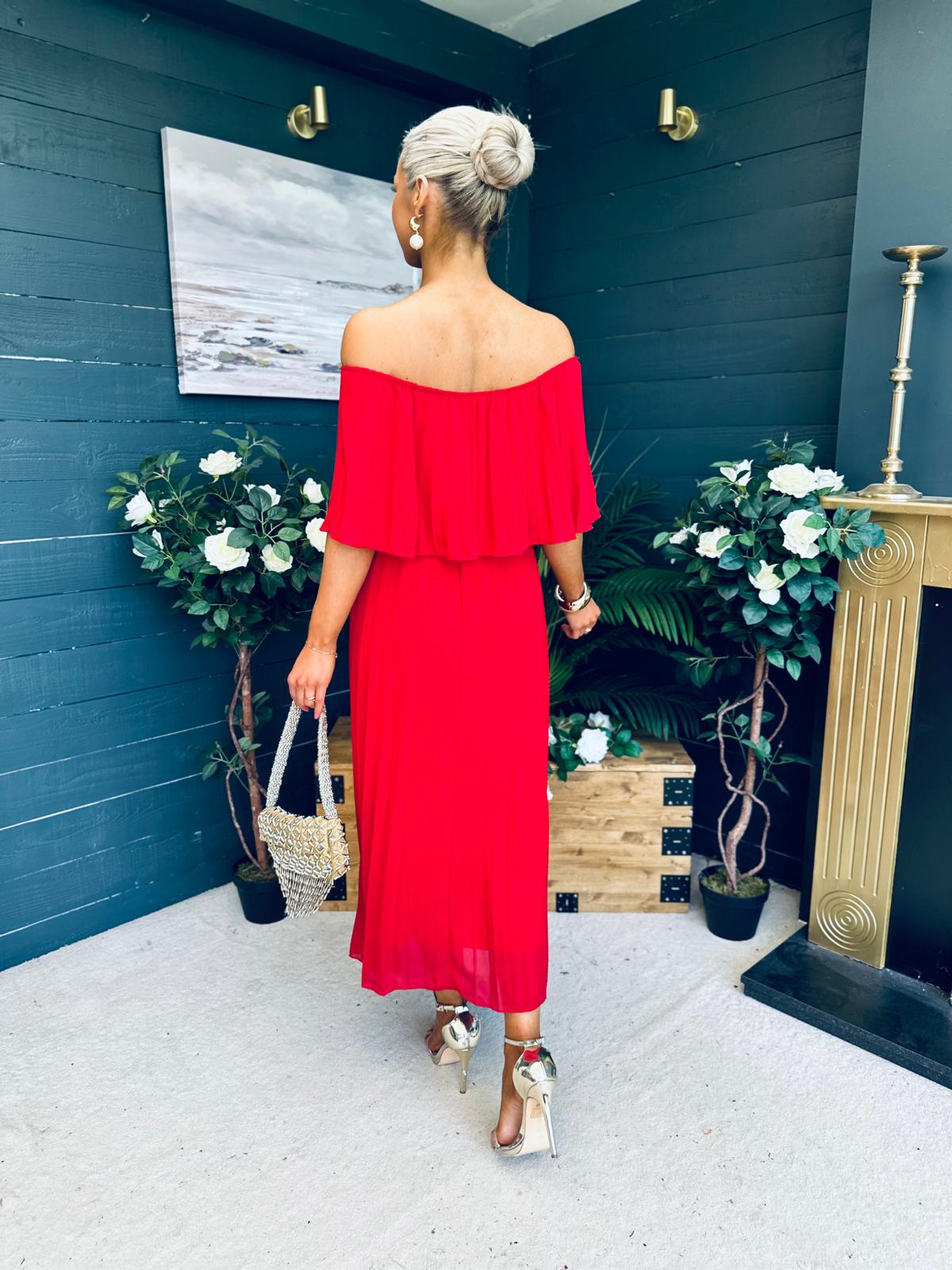Fiadh Bardot Detail Occasion Dress Rouge