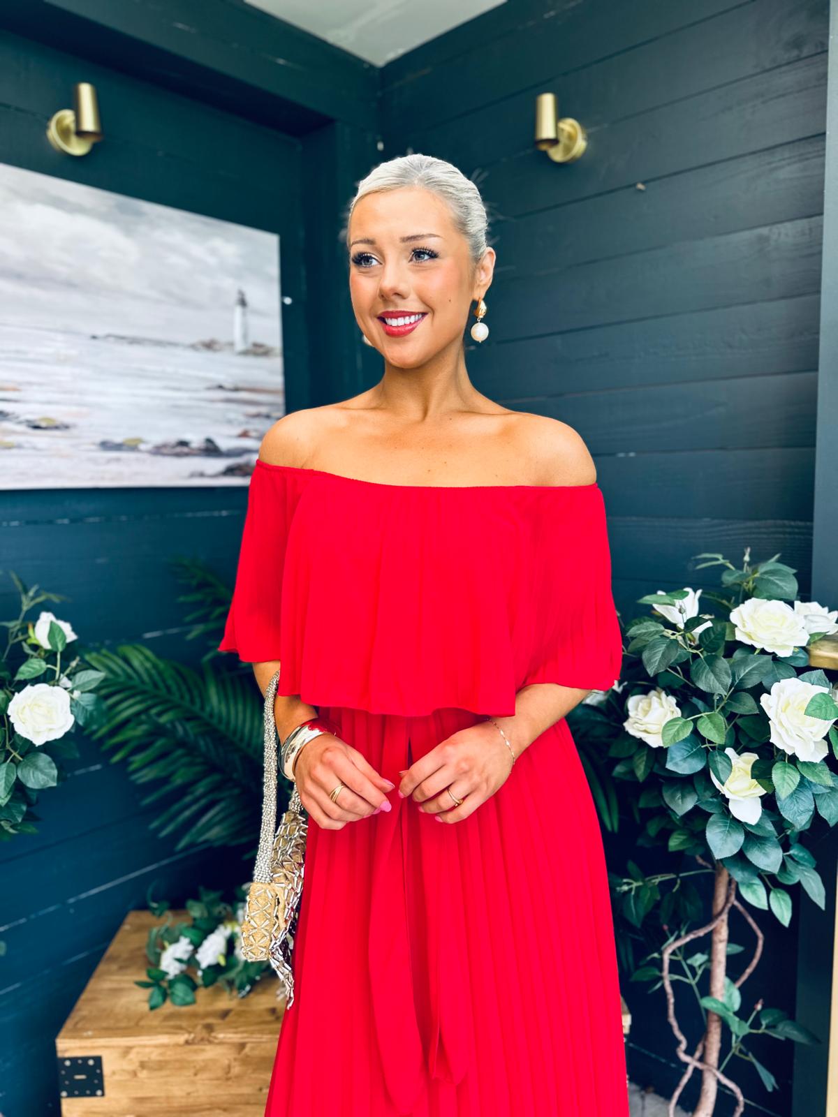 Fiadh Bardot Detail Occasion Dress Rouge
