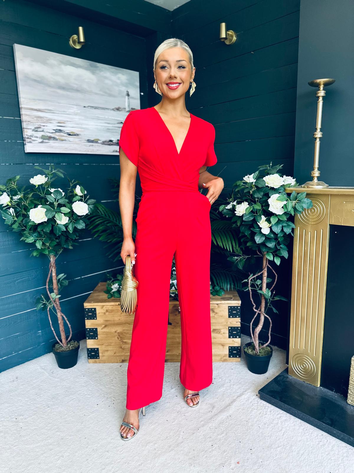 Bridget Bridget Twist Font Split Arm Jumpsuit Red