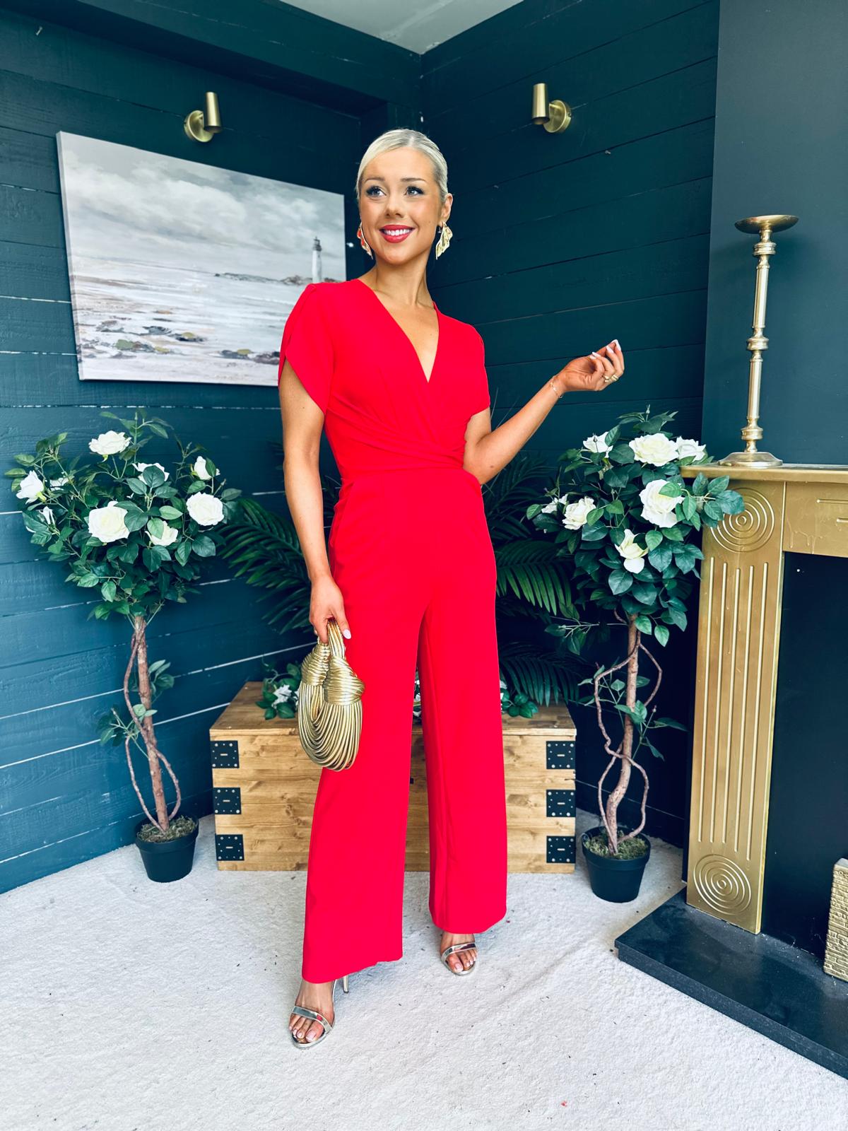 Bridget Bridget Twist Font Split Arm Jumpsuit Red