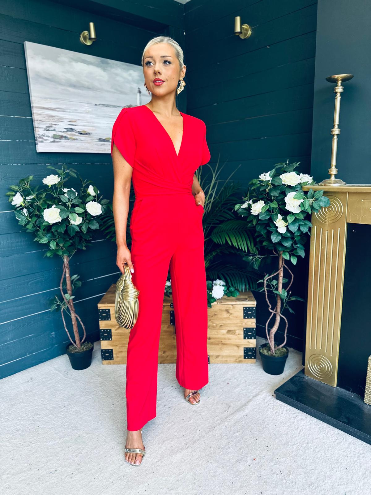 Bridget Bridget Twist Font Split Arm Jumpsuit Red