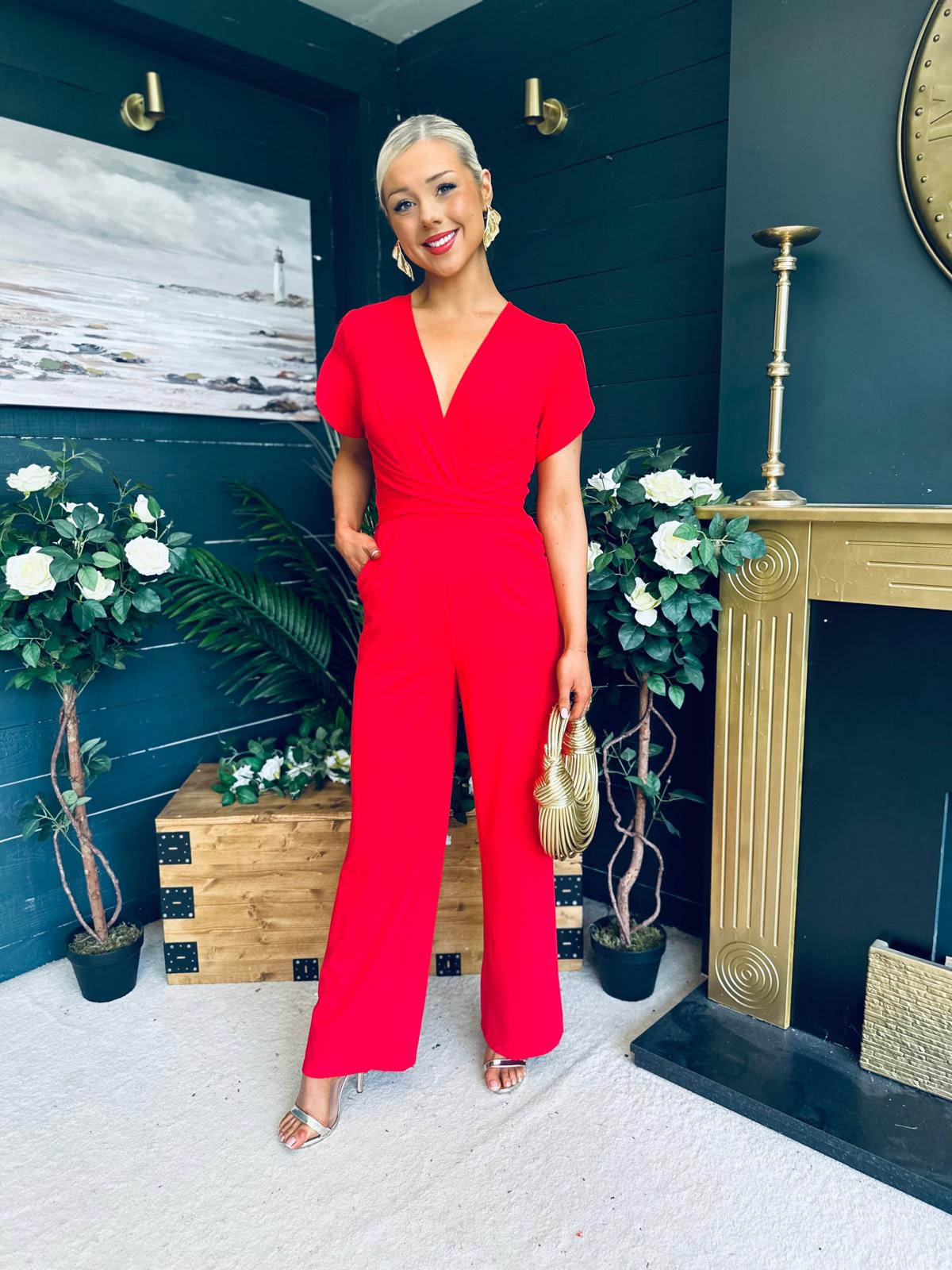 Bridget Bridget Twist Font Split Arm Jumpsuit Red