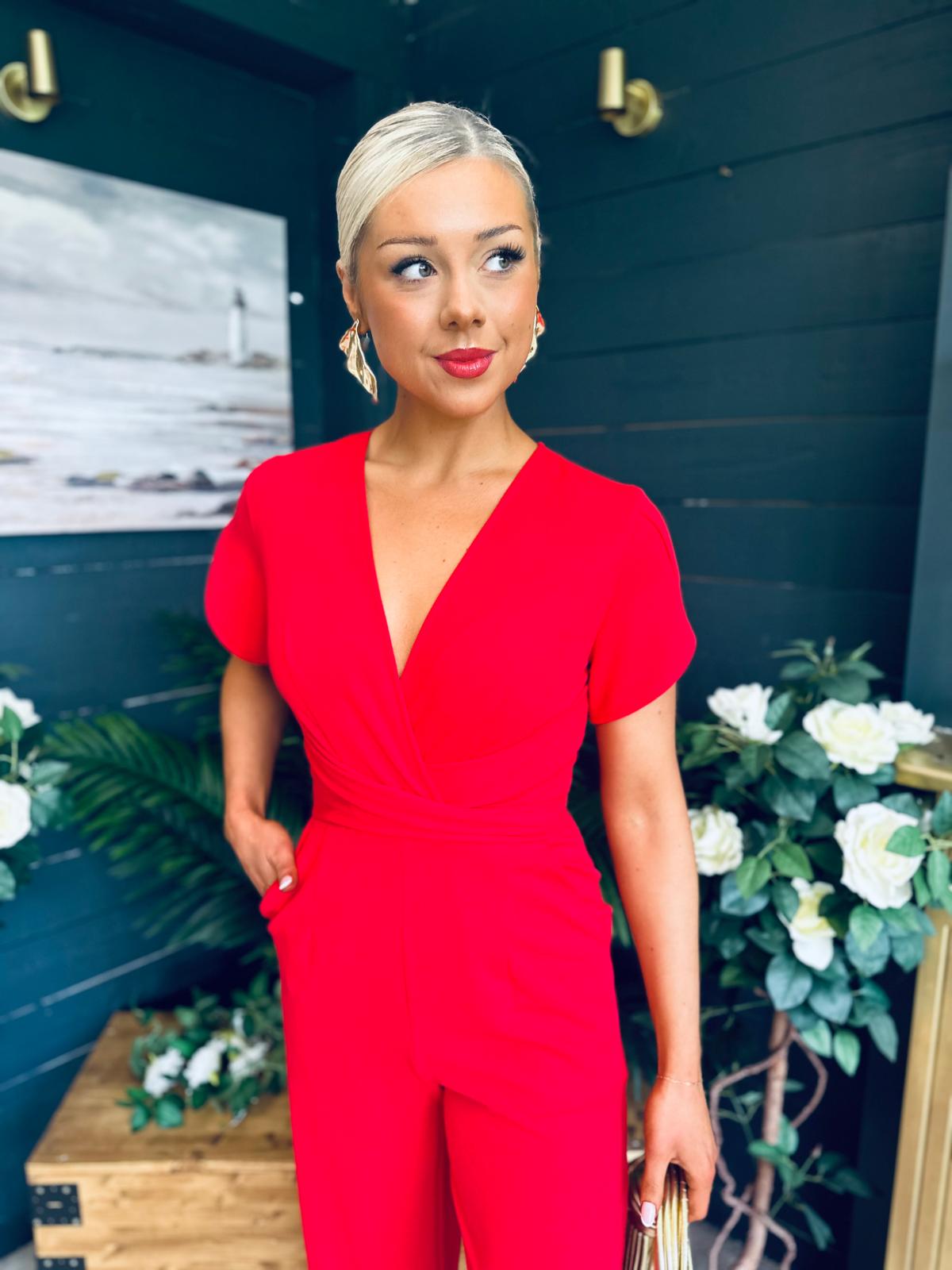 Bridget Bridget Twist Font Split Arm Jumpsuit Red