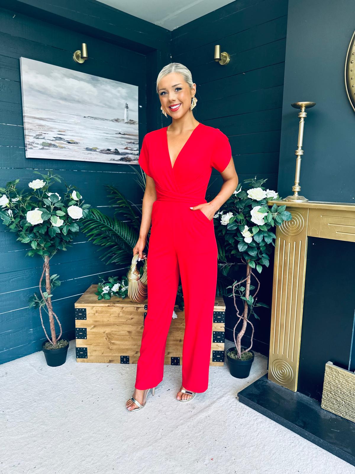 Bridget Bridget Twist Font Split Arm Jumpsuit Red