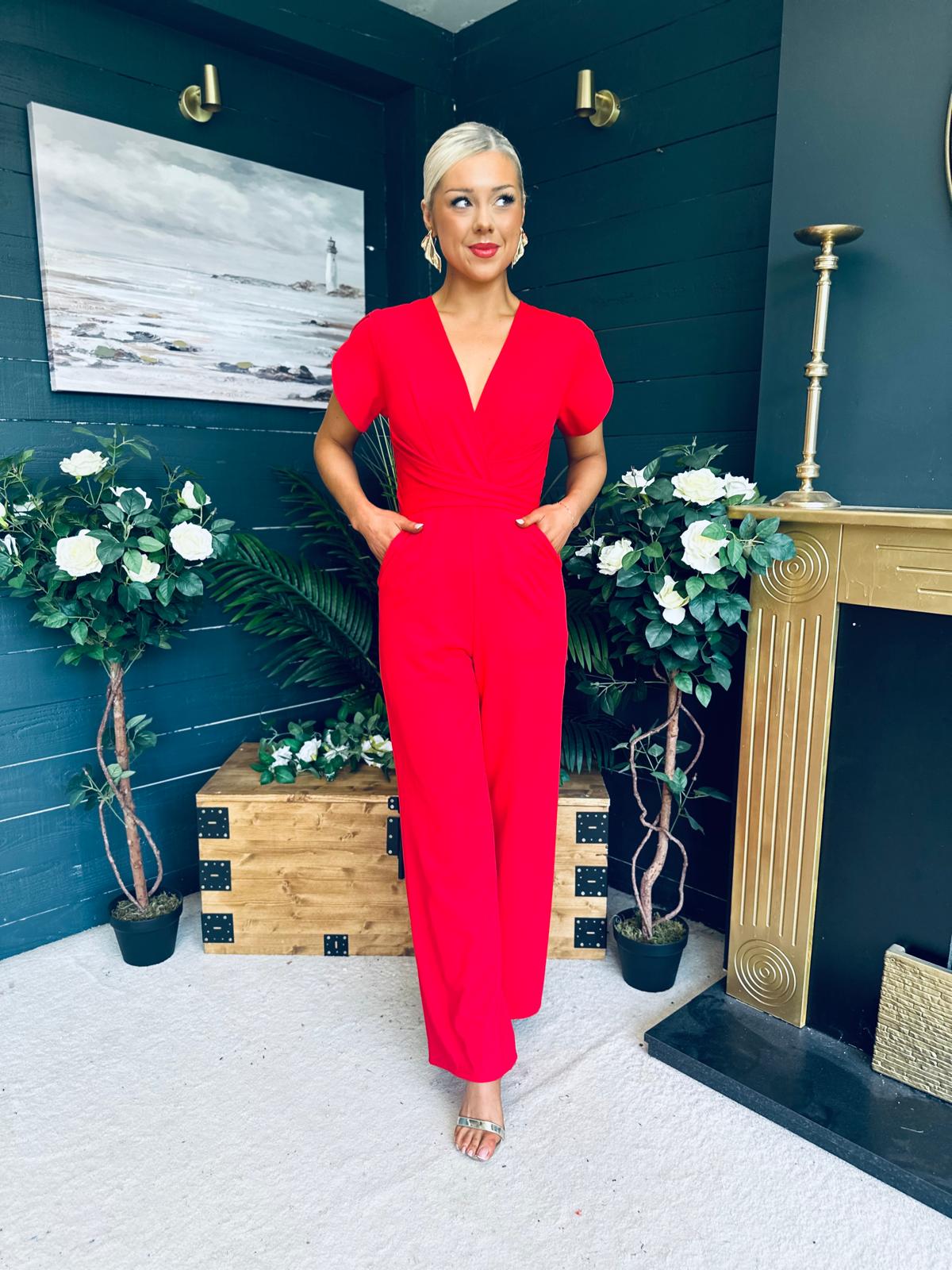 Bridget Bridget Twist Font Split Arm Jumpsuit Red