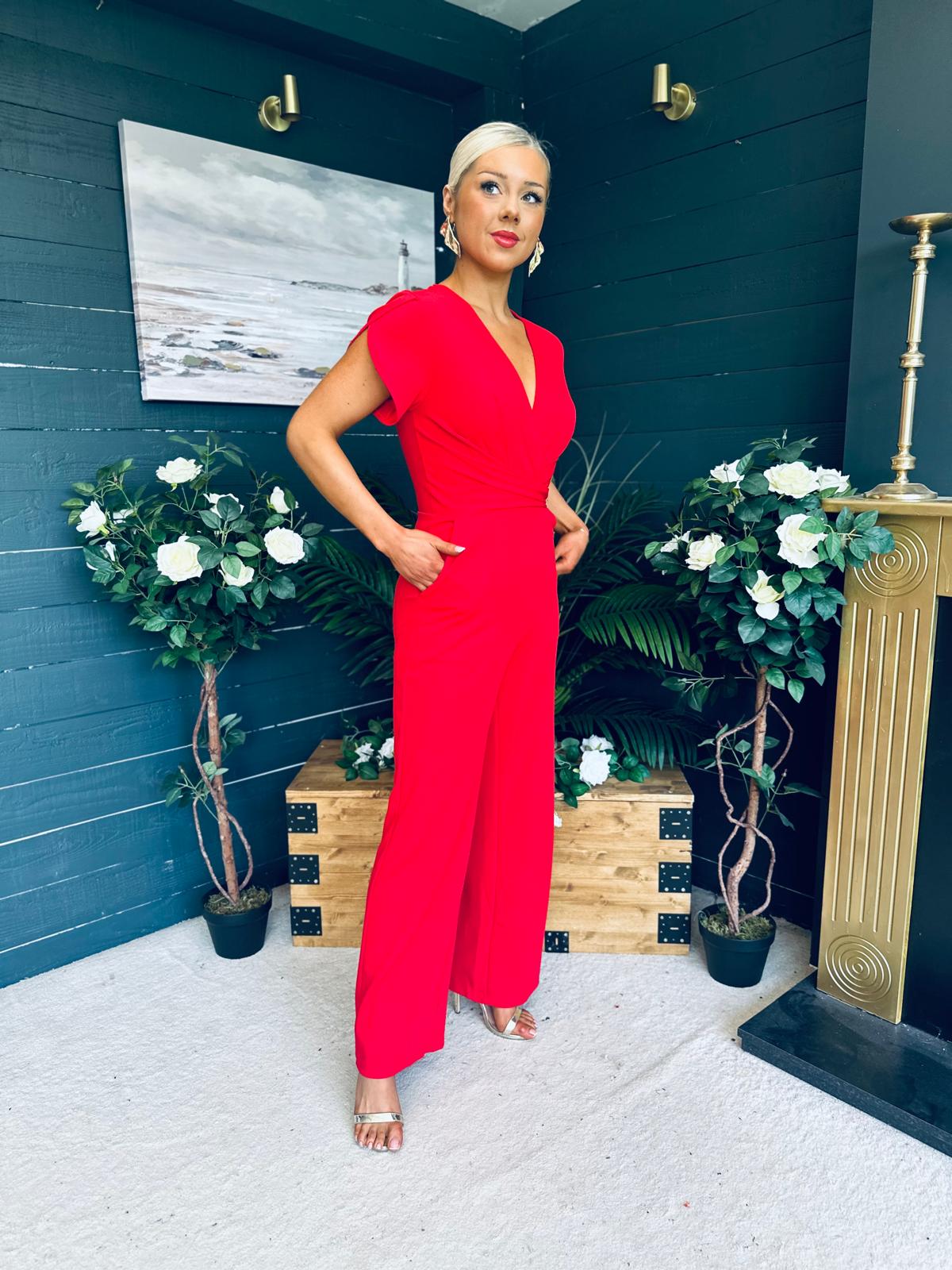 Bridget Bridget Twist Font Split Arm Jumpsuit Red
