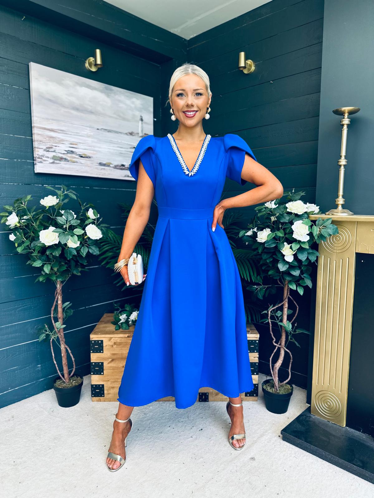 Penelope Pearl Detail Occasion Dress Cobalt