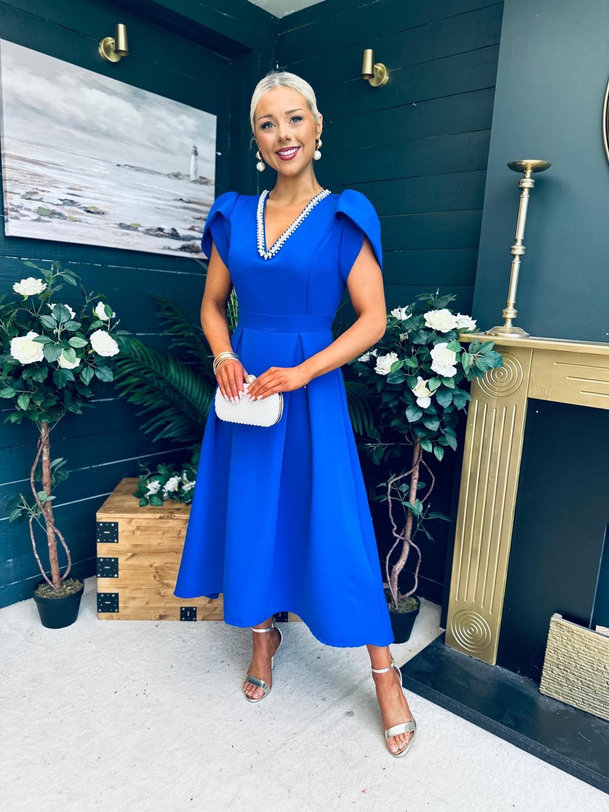Penelope Pearl Detail Occasion Dress Cobalt