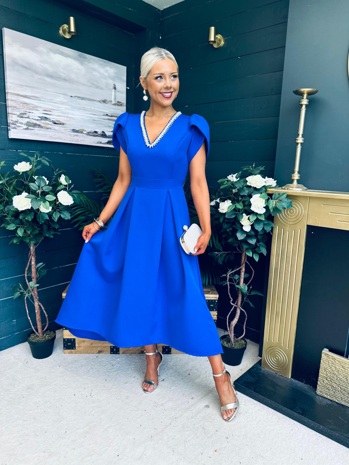 Penelope Pearl Detail Occasion Dress Cobalt