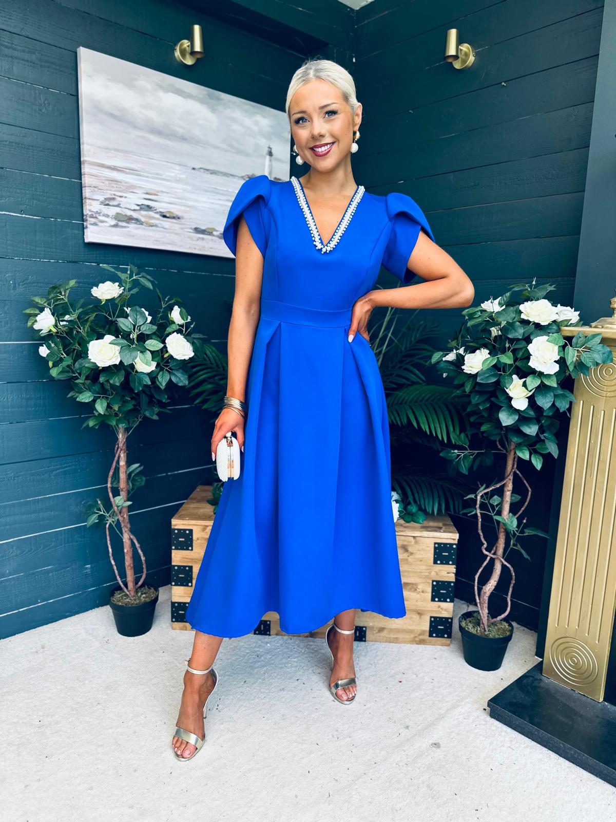 Penelope Pearl Detail Occasion Dress Cobalt