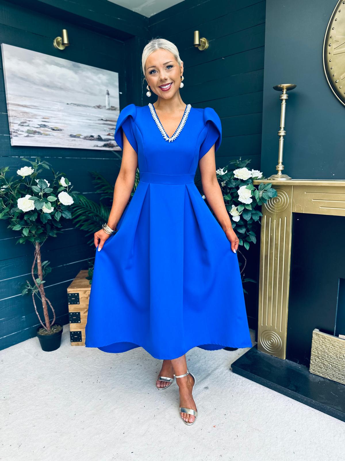 Penelope Pearl Detail Occasion Dress Cobalt