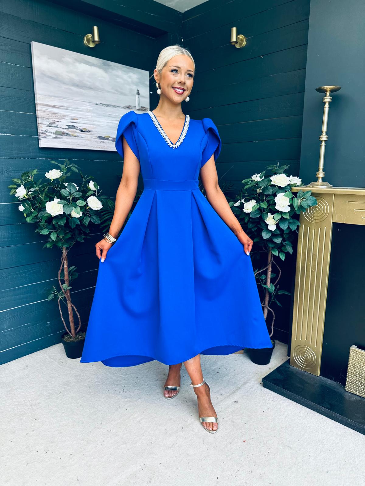 Penelope Pearl Detail Occasion Dress Cobalt