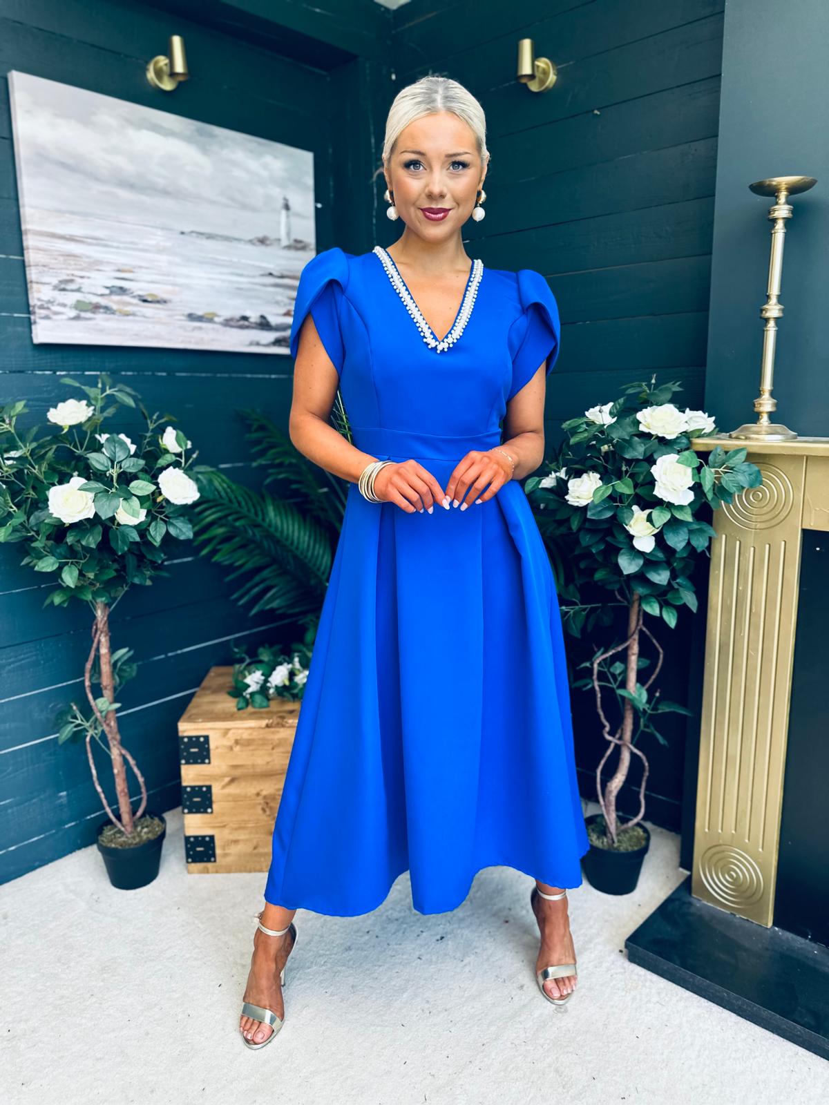 Penelope Pearl Detail Occasion Dress Cobalt