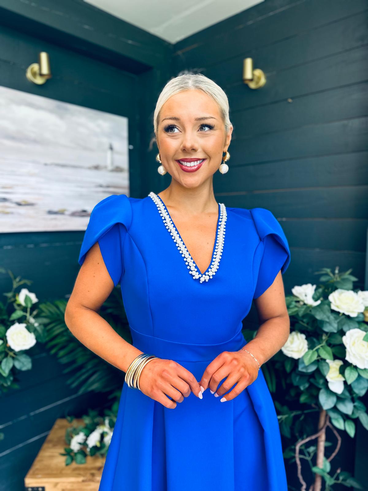 Penelope Pearl Detail Occasion Dress Cobalt