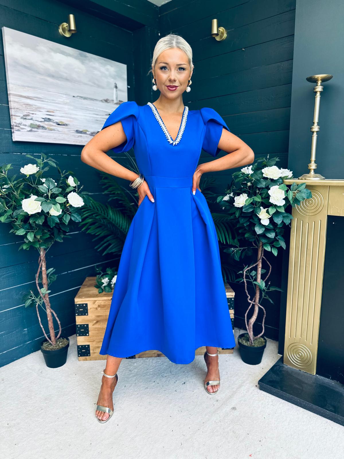 Penelope Pearl Detail Occasion Dress Cobalt