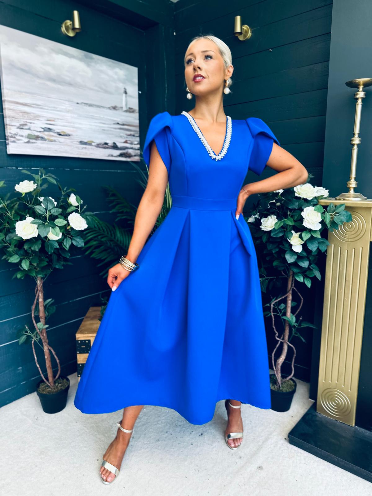 Penelope Pearl Detail Occasion Dress Cobalt