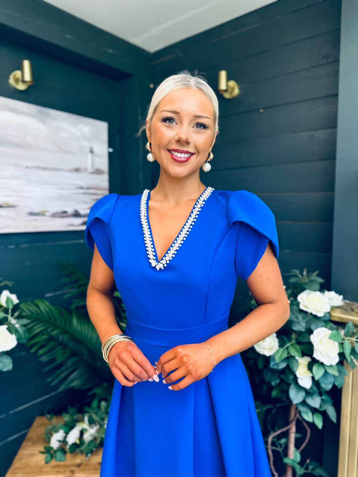 Penelope Pearl Detail Occasion Dress Cobalt